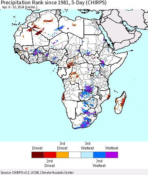 Africa Precipitation Rank since 1981, 5-Day (CHIRPS) Thematic Map For 4/6/2024 - 4/10/2024