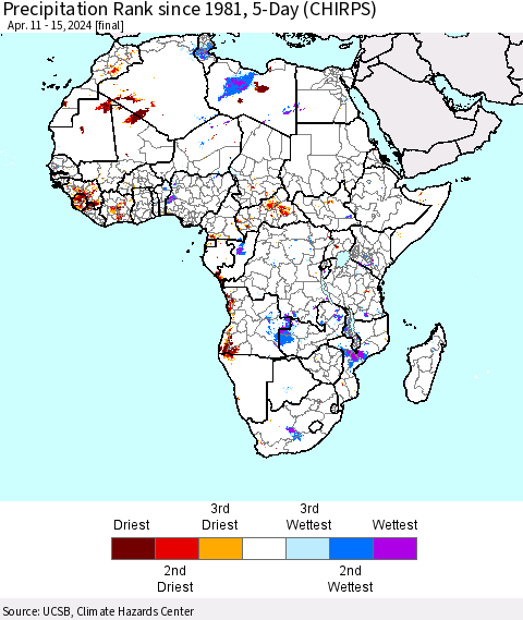 Africa Precipitation Rank since 1981, 5-Day (CHIRPS) Thematic Map For 4/11/2024 - 4/15/2024