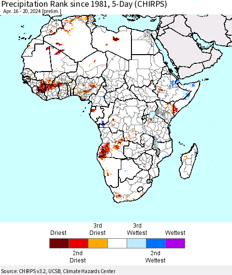 Africa Precipitation Rank since 1981, 5-Day (CHIRPS) Thematic Map For 4/16/2024 - 4/20/2024