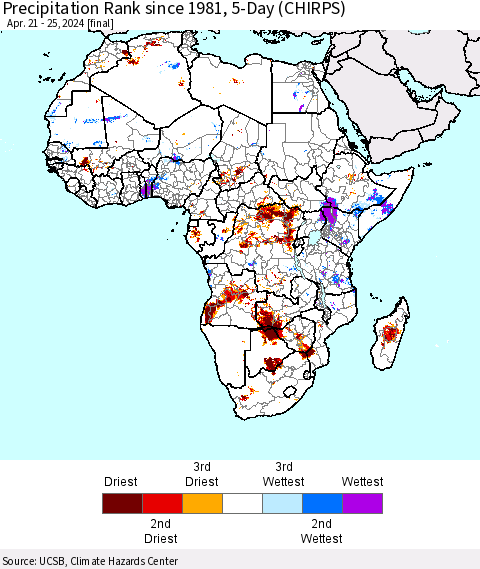 Africa Precipitation Rank since 1981, 5-Day (CHIRPS) Thematic Map For 4/21/2024 - 4/25/2024