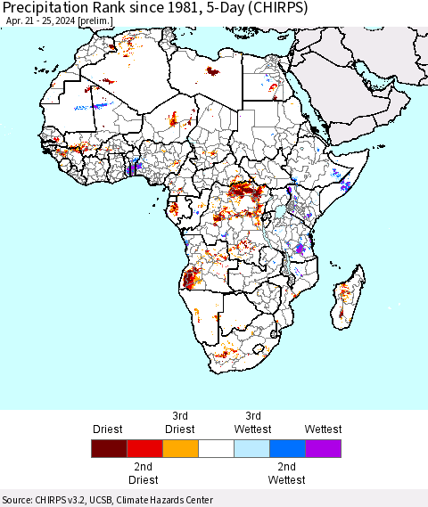 Africa Precipitation Rank since 1981, 5-Day (CHIRPS) Thematic Map For 4/21/2024 - 4/25/2024