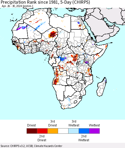 Africa Precipitation Rank since 1981, 5-Day (CHIRPS) Thematic Map For 4/26/2024 - 4/30/2024