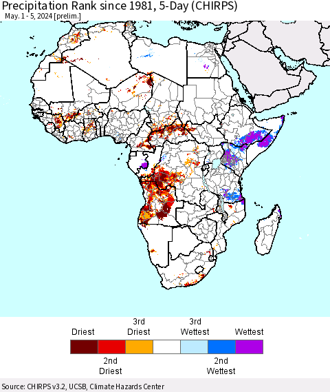 Africa Precipitation Rank since 1981, 5-Day (CHIRPS) Thematic Map For 5/1/2024 - 5/5/2024