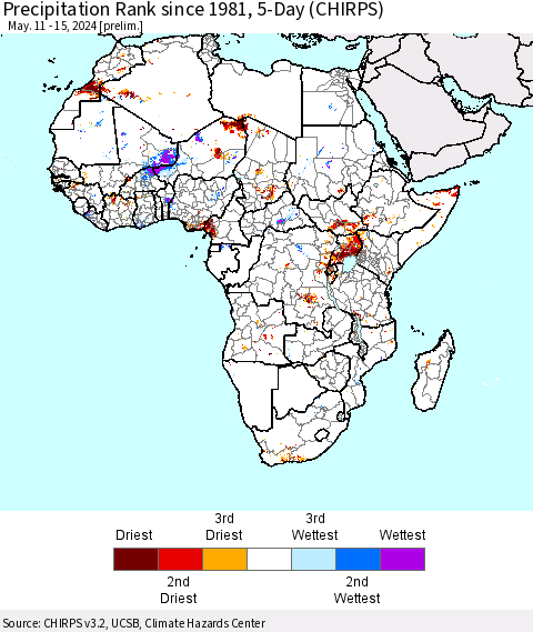 Africa Precipitation Rank since 1981, 5-Day (CHIRPS) Thematic Map For 5/11/2024 - 5/15/2024