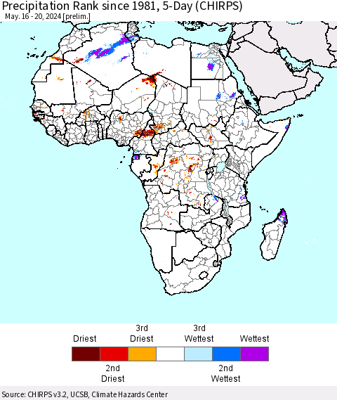 Africa Precipitation Rank since 1981, 5-Day (CHIRPS) Thematic Map For 5/16/2024 - 5/20/2024