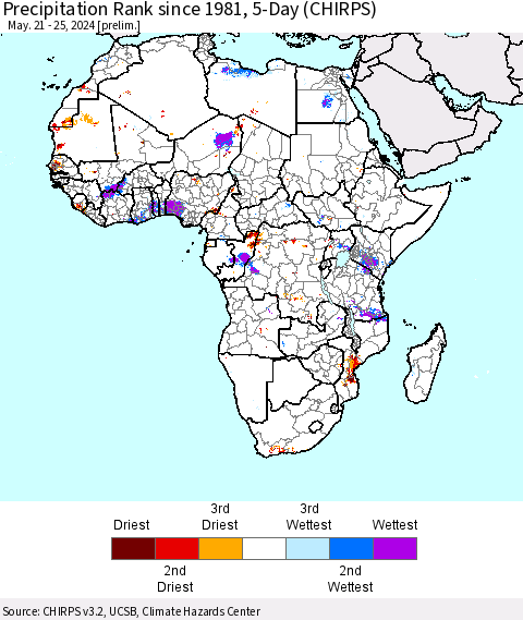 Africa Precipitation Rank since 1981, 5-Day (CHIRPS) Thematic Map For 5/21/2024 - 5/25/2024