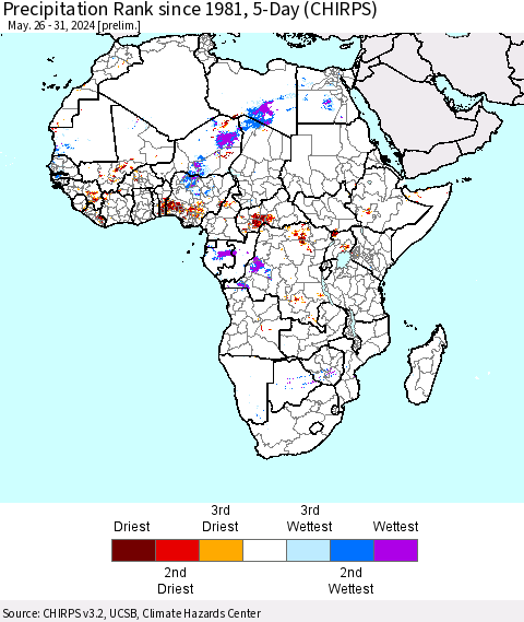 Africa Precipitation Rank since 1981, 5-Day (CHIRPS) Thematic Map For 5/26/2024 - 5/31/2024