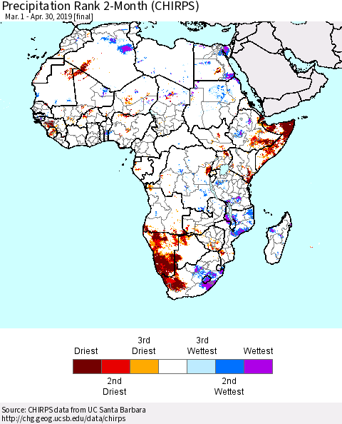 Africa Precipitation Rank since 1981, 2-Month (CHIRPS) Thematic Map For 3/1/2019 - 4/30/2019
