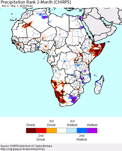 Africa Precipitation Rank since 1981, 2-Month (CHIRPS) Thematic Map For 3/6/2019 - 5/5/2019