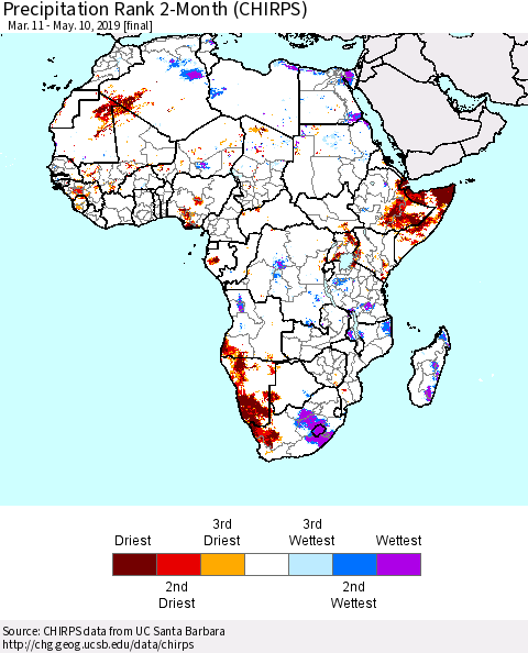 Africa Precipitation Rank since 1981, 2-Month (CHIRPS) Thematic Map For 3/11/2019 - 5/10/2019