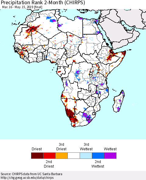 Africa Precipitation Rank since 1981, 2-Month (CHIRPS) Thematic Map For 3/16/2019 - 5/15/2019