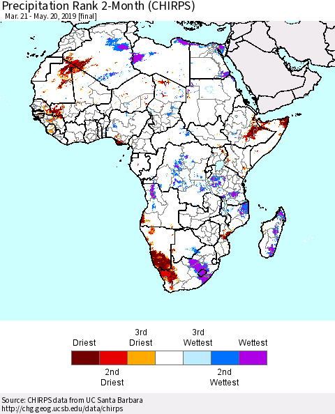 Africa Precipitation Rank since 1981, 2-Month (CHIRPS) Thematic Map For 3/21/2019 - 5/20/2019