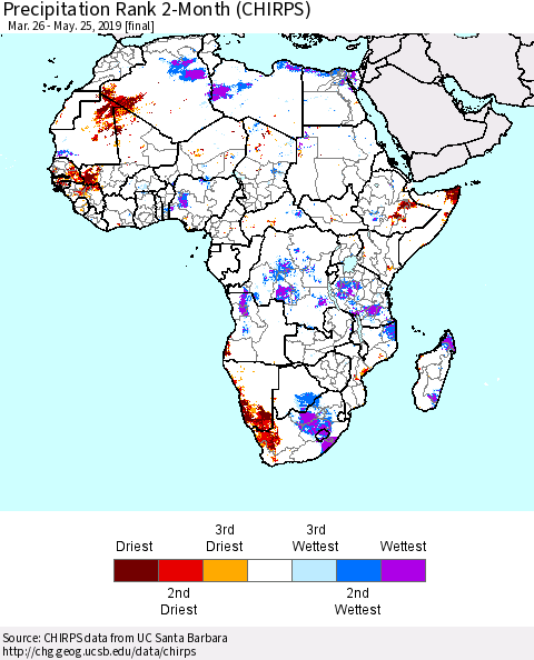 Africa Precipitation Rank since 1981, 2-Month (CHIRPS) Thematic Map For 3/26/2019 - 5/25/2019