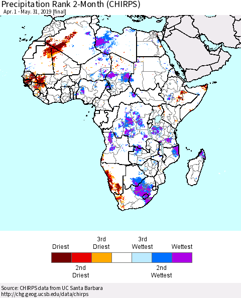Africa Precipitation Rank since 1981, 2-Month (CHIRPS) Thematic Map For 4/1/2019 - 5/31/2019