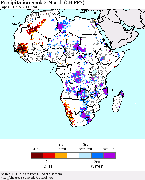 Africa Precipitation Rank since 1981, 2-Month (CHIRPS) Thematic Map For 4/6/2019 - 6/5/2019