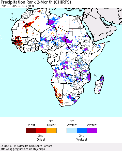 Africa Precipitation Rank since 1981, 2-Month (CHIRPS) Thematic Map For 4/11/2019 - 6/10/2019