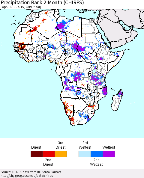 Africa Precipitation Rank since 1981, 2-Month (CHIRPS) Thematic Map For 4/16/2019 - 6/15/2019