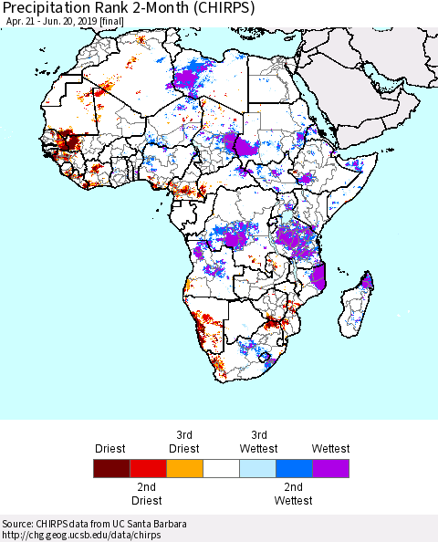 Africa Precipitation Rank since 1981, 2-Month (CHIRPS) Thematic Map For 4/21/2019 - 6/20/2019
