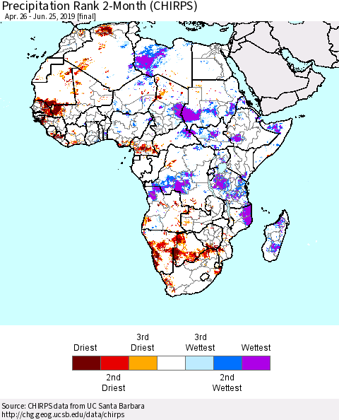Africa Precipitation Rank since 1981, 2-Month (CHIRPS) Thematic Map For 4/26/2019 - 6/25/2019