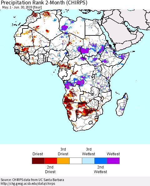 Africa Precipitation Rank since 1981, 2-Month (CHIRPS) Thematic Map For 5/1/2019 - 6/30/2019