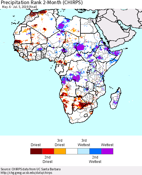 Africa Precipitation Rank since 1981, 2-Month (CHIRPS) Thematic Map For 5/6/2019 - 7/5/2019