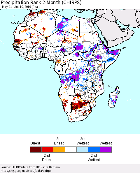 Africa Precipitation Rank since 1981, 2-Month (CHIRPS) Thematic Map For 5/11/2019 - 7/10/2019