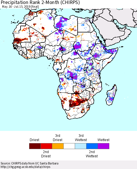 Africa Precipitation Rank since 1981, 2-Month (CHIRPS) Thematic Map For 5/16/2019 - 7/15/2019