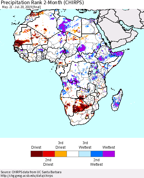 Africa Precipitation Rank since 1981, 2-Month (CHIRPS) Thematic Map For 5/21/2019 - 7/20/2019