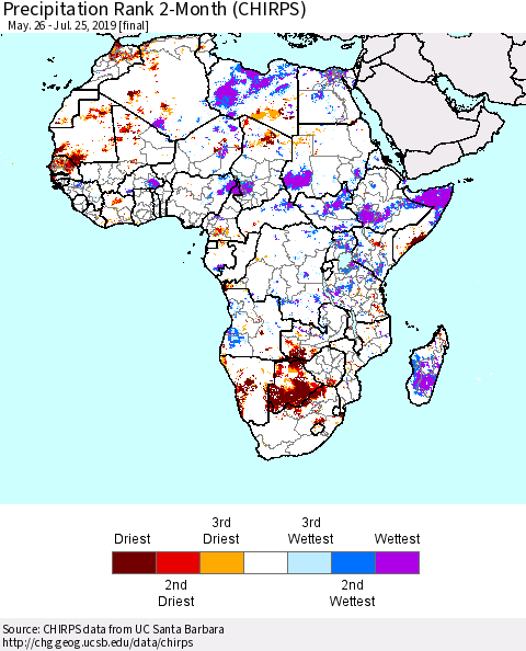 Africa Precipitation Rank since 1981, 2-Month (CHIRPS) Thematic Map For 5/26/2019 - 7/25/2019