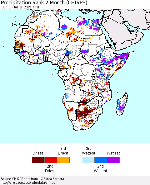 Africa Precipitation Rank since 1981, 2-Month (CHIRPS) Thematic Map For 6/1/2019 - 7/31/2019