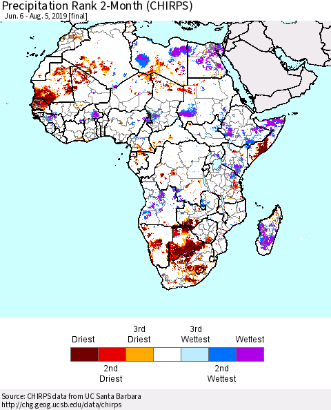 Africa Precipitation Rank since 1981, 2-Month (CHIRPS) Thematic Map For 6/6/2019 - 8/5/2019