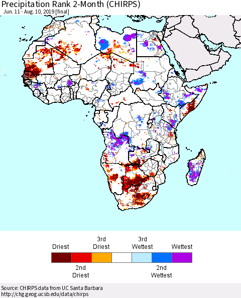 Africa Precipitation Rank since 1981, 2-Month (CHIRPS) Thematic Map For 6/11/2019 - 8/10/2019