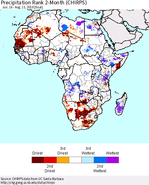 Africa Precipitation Rank since 1981, 2-Month (CHIRPS) Thematic Map For 6/16/2019 - 8/15/2019