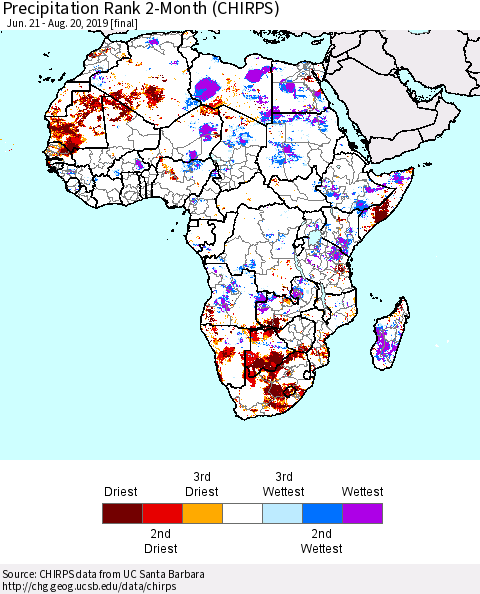 Africa Precipitation Rank since 1981, 2-Month (CHIRPS) Thematic Map For 6/21/2019 - 8/20/2019