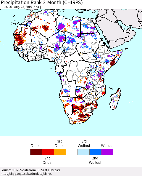 Africa Precipitation Rank since 1981, 2-Month (CHIRPS) Thematic Map For 6/26/2019 - 8/25/2019