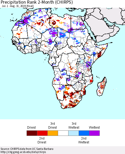 Africa Precipitation Rank since 1981, 2-Month (CHIRPS) Thematic Map For 7/1/2019 - 8/31/2019