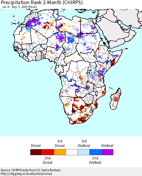 Africa Precipitation Rank since 1981, 2-Month (CHIRPS) Thematic Map For 7/6/2019 - 9/5/2019