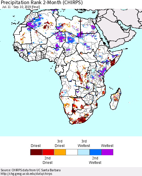 Africa Precipitation Rank since 1981, 2-Month (CHIRPS) Thematic Map For 7/11/2019 - 9/10/2019