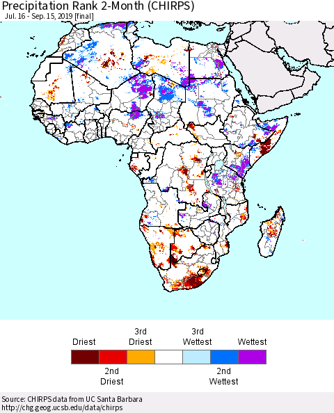 Africa Precipitation Rank since 1981, 2-Month (CHIRPS) Thematic Map For 7/16/2019 - 9/15/2019