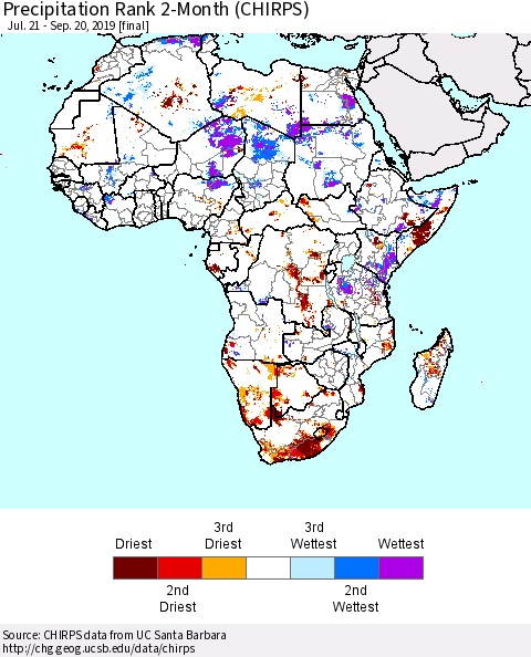 Africa Precipitation Rank since 1981, 2-Month (CHIRPS) Thematic Map For 7/21/2019 - 9/20/2019
