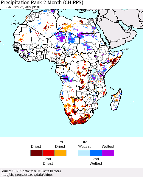 Africa Precipitation Rank since 1981, 2-Month (CHIRPS) Thematic Map For 7/26/2019 - 9/25/2019