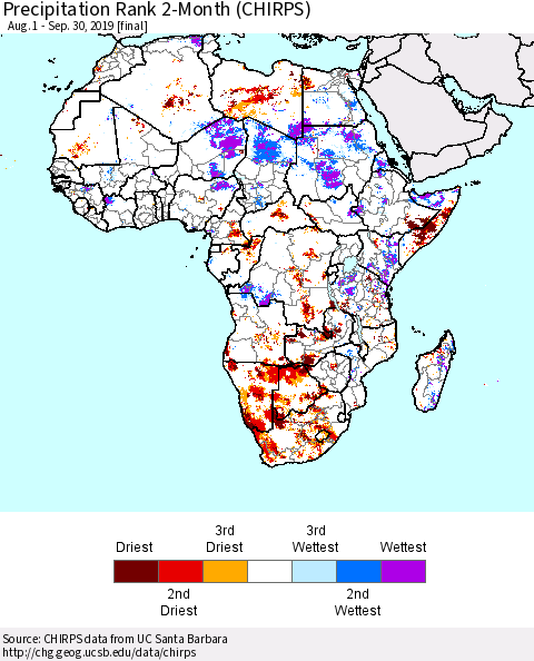 Africa Precipitation Rank since 1981, 2-Month (CHIRPS) Thematic Map For 8/1/2019 - 9/30/2019
