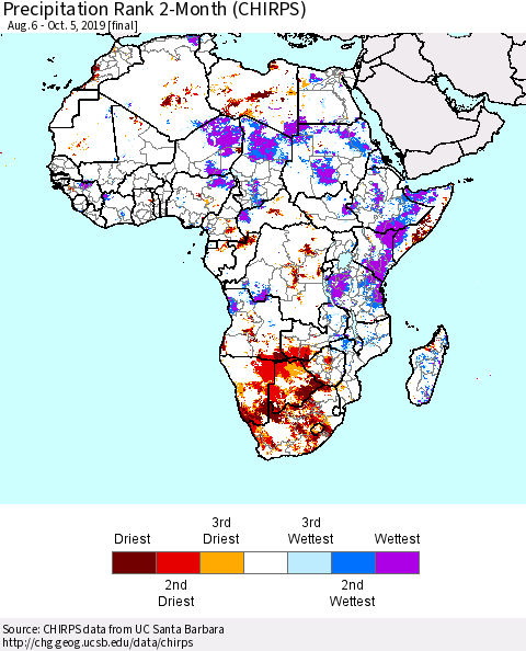 Africa Precipitation Rank since 1981, 2-Month (CHIRPS) Thematic Map For 8/6/2019 - 10/5/2019