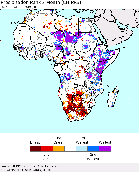 Africa Precipitation Rank since 1981, 2-Month (CHIRPS) Thematic Map For 8/11/2019 - 10/10/2019