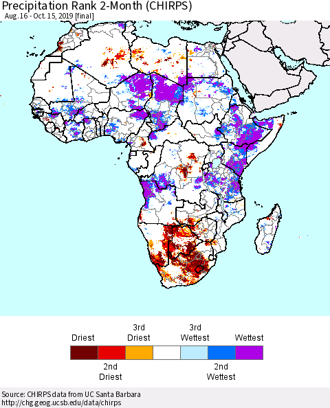 Africa Precipitation Rank since 1981, 2-Month (CHIRPS) Thematic Map For 8/16/2019 - 10/15/2019