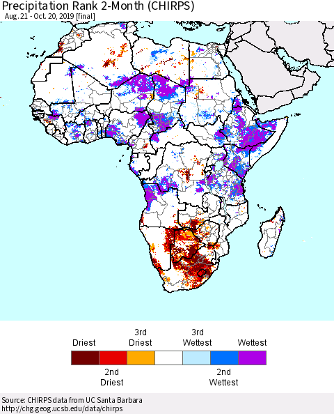 Africa Precipitation Rank since 1981, 2-Month (CHIRPS) Thematic Map For 8/21/2019 - 10/20/2019