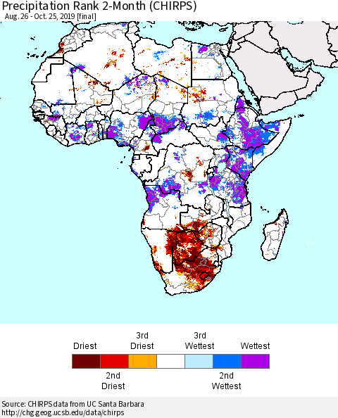 Africa Precipitation Rank since 1981, 2-Month (CHIRPS) Thematic Map For 8/26/2019 - 10/25/2019