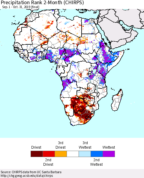 Africa Precipitation Rank since 1981, 2-Month (CHIRPS) Thematic Map For 9/1/2019 - 10/31/2019