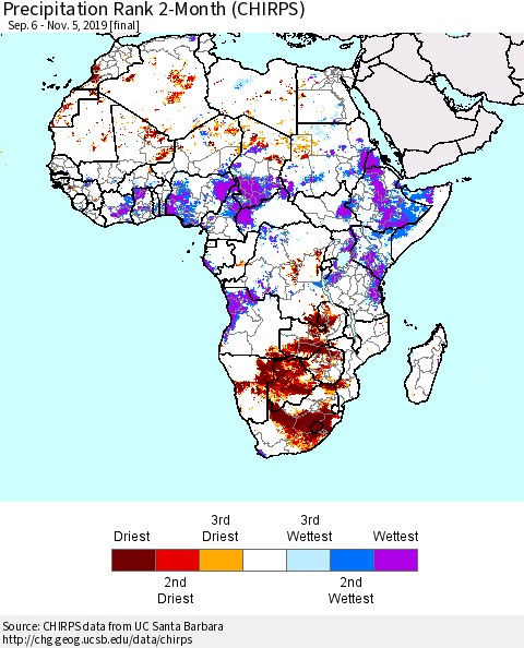 Africa Precipitation Rank since 1981, 2-Month (CHIRPS) Thematic Map For 9/6/2019 - 11/5/2019