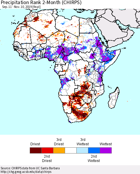 Africa Precipitation Rank since 1981, 2-Month (CHIRPS) Thematic Map For 9/11/2019 - 11/10/2019